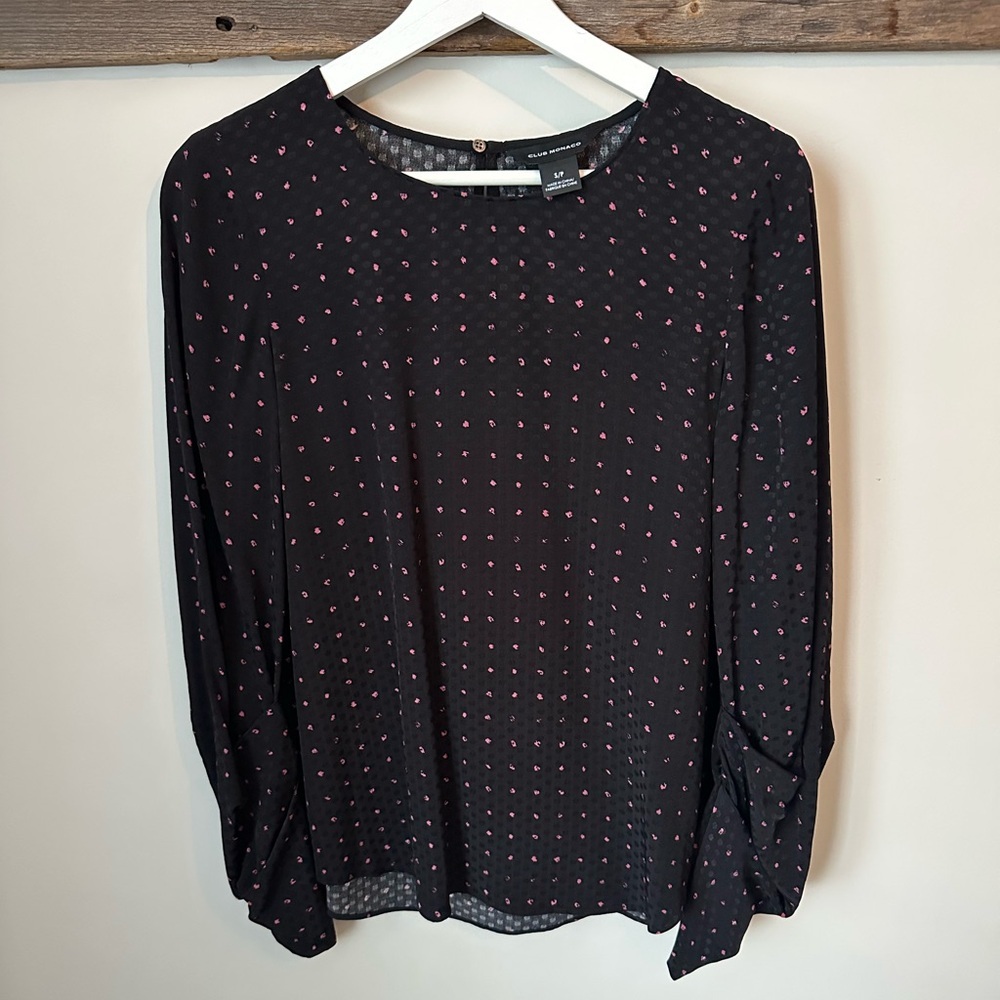 Club Monaco Black Blouse with Pink Dots - Small